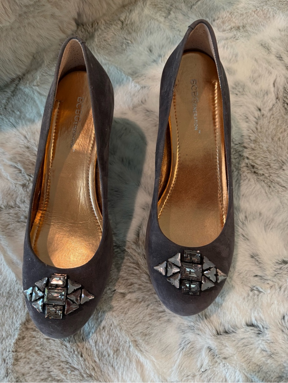 BCBG Dark Brown Suede Jeweled Wedge Pumps - Picture 2 of 7